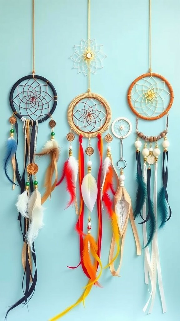 Three colorful dreamcatchers hanging against a blue background.