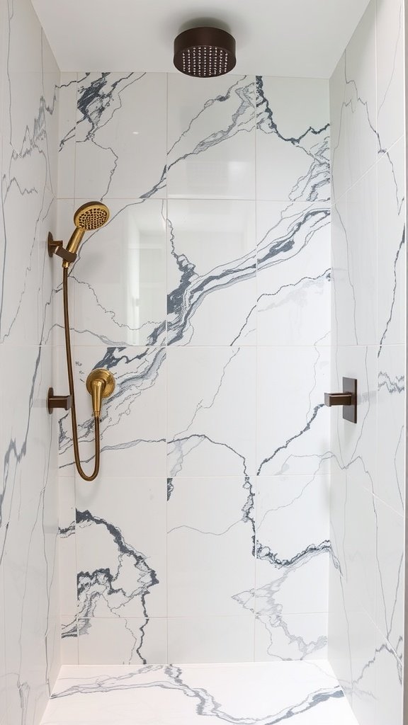 A modern shower with marble tiles featuring sleek marble veining and a stylish showerhead.