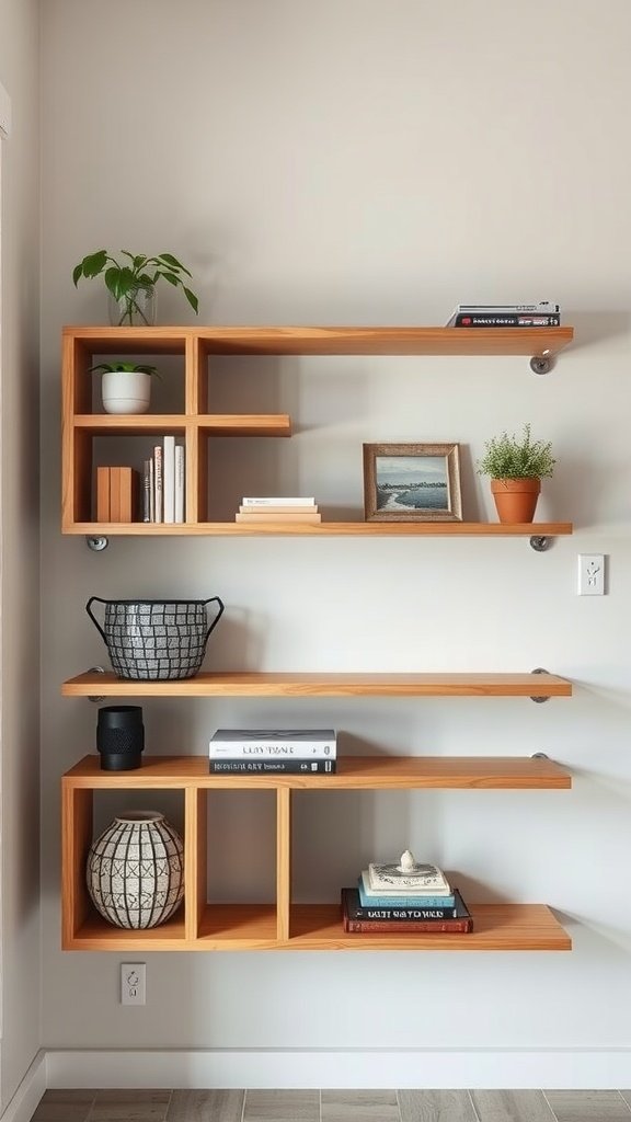 A stylish arrangement of customizable modular floating shelves made of wood, displaying plants, books, and decorative items.