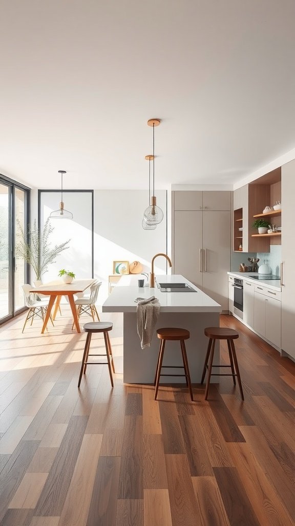 A modern kitchen with an open layout featuring wooden floors, a central island, and natural light flooding in.
