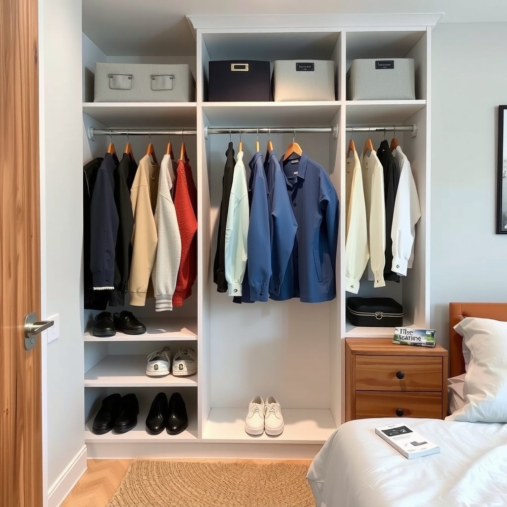 A well-organized closet with clothing hung on wooden hangers and storage bins on shelves.