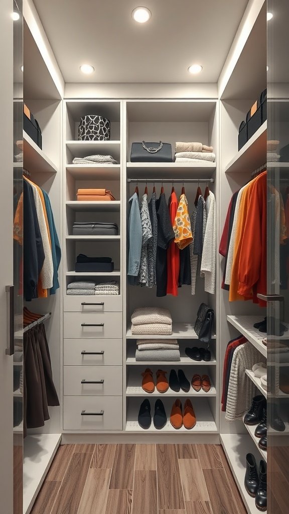 A well-organized closet with clothes, shoes, and accessories neatly arranged on shelves and in drawers.