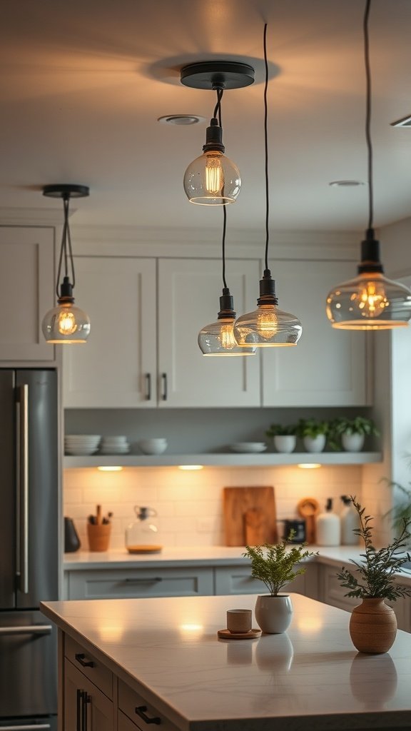 A modern kitchen with stylish hanging glass light fixtures over an island and warm under-cabinet lighting.