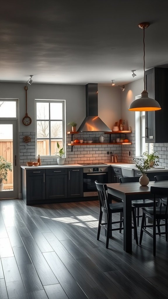 A modern kitchen featuring a combination of pendant and ambient lighting.