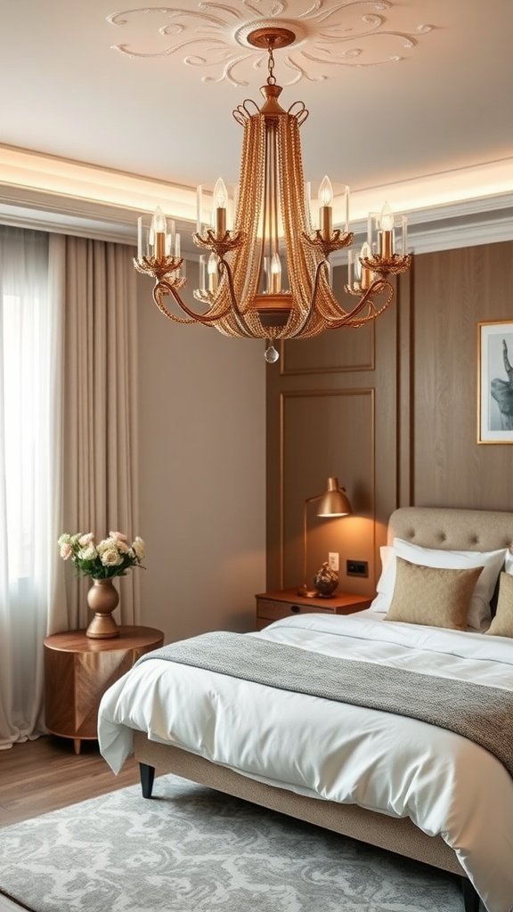 A luxurious bedroom featuring a stunning chandelier with intricate design.