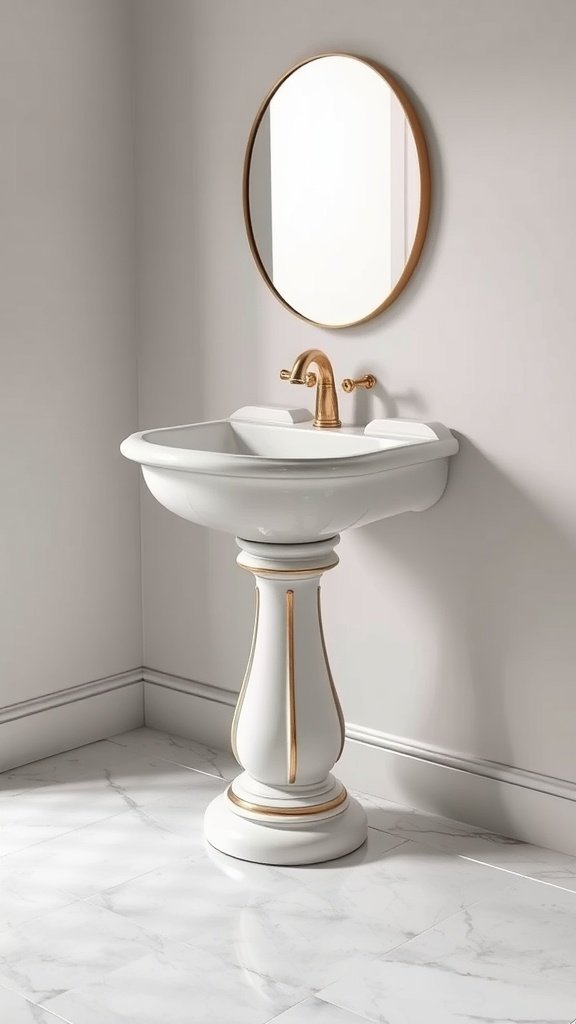 Custom pedestal sink with a round mirror above it