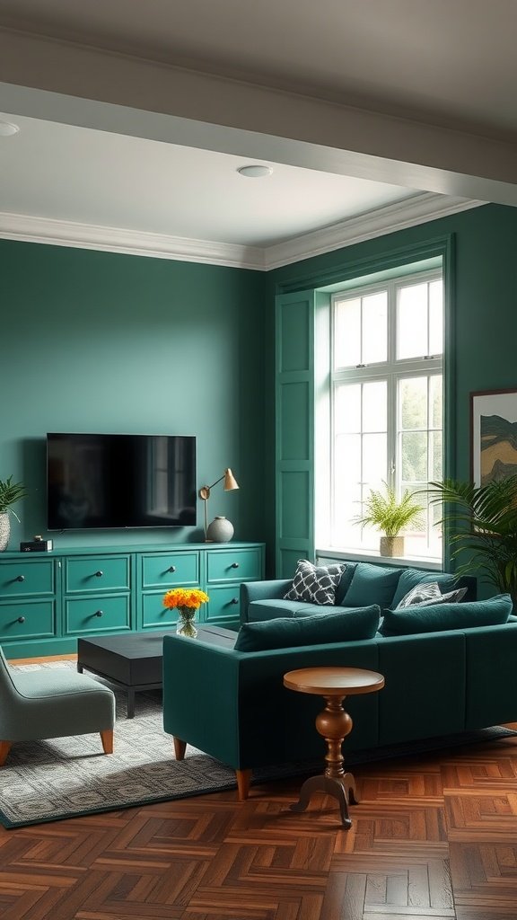 A vibrant emerald green living room featuring a dark sofa, wooden floor, and stylish decor.