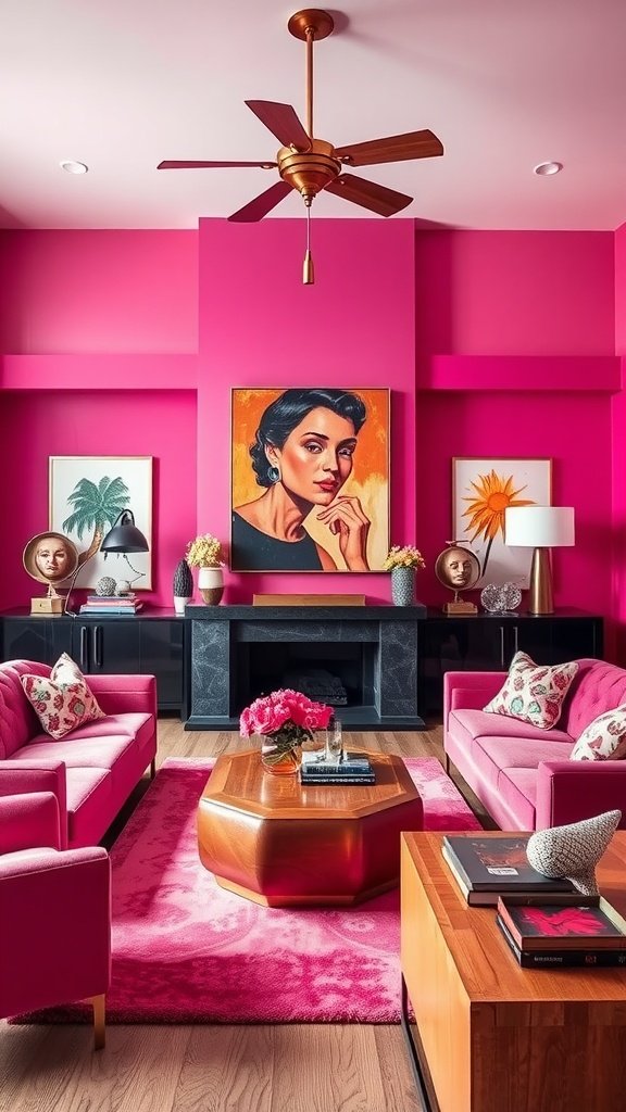A living room featuring bold fuchsia walls, pink sofas, and stylish decor.