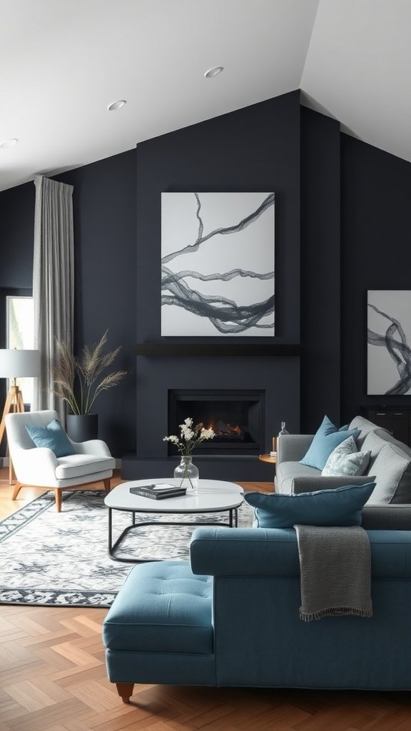 A luxurious living room featuring dark charcoal walls and soft blue furniture, creating a cozy atmosphere.
