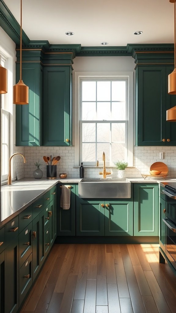 A stylish kitchen featuring deep green cabinets, natural wood flooring, and metallic accents.