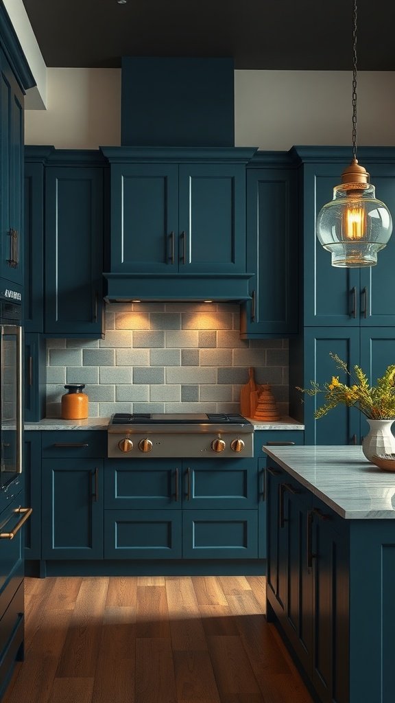 A kitchen featuring dark teal cabinetry, warm lighting, and a modern design.