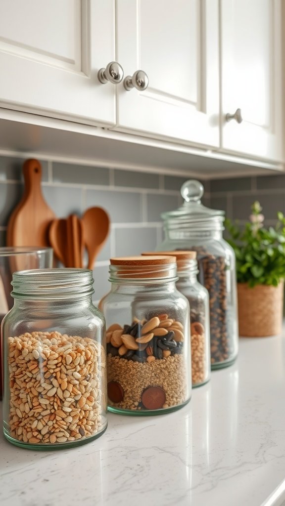 A collection of decorative glass jars filled with grains and nuts on a kitchen countertop.