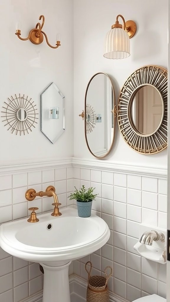 A stylish small bathroom featuring decorative mirrored accessories and warm lighting.