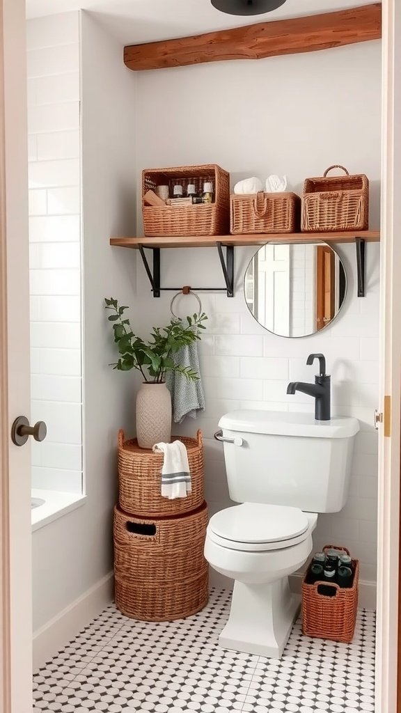A small bathroom featuring decorative storage solutions with woven baskets, a circular mirror, and shiplap accents.