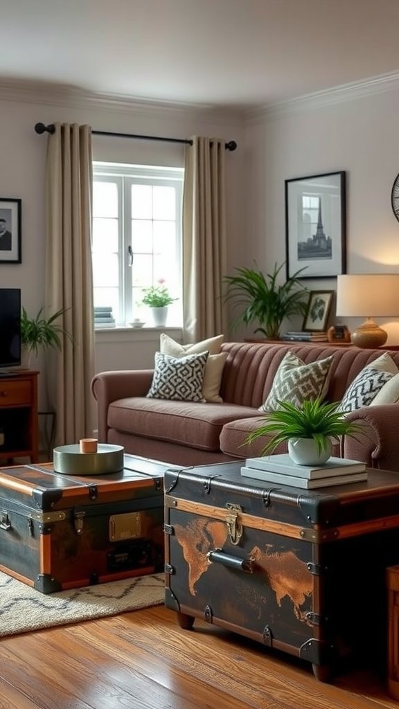 Cozy rustic living room with vintage trunks for storage