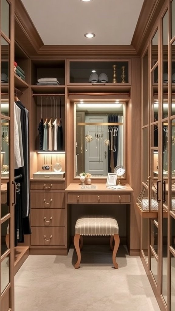 A stylish jewelry station with a vanity, organized accessories, and elegant decor in a walk-in closet.