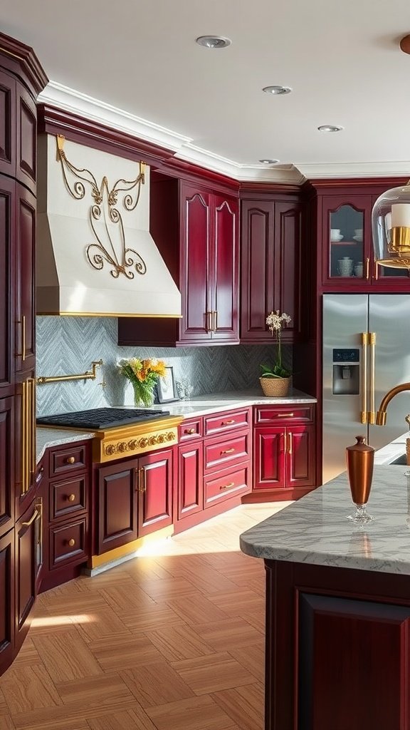 Kitchen with deep burgundy cabinets and gold accents
