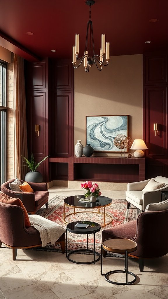 A luxurious living room featuring deep burgundy walls and light beige accents, with elegant furniture and decor.