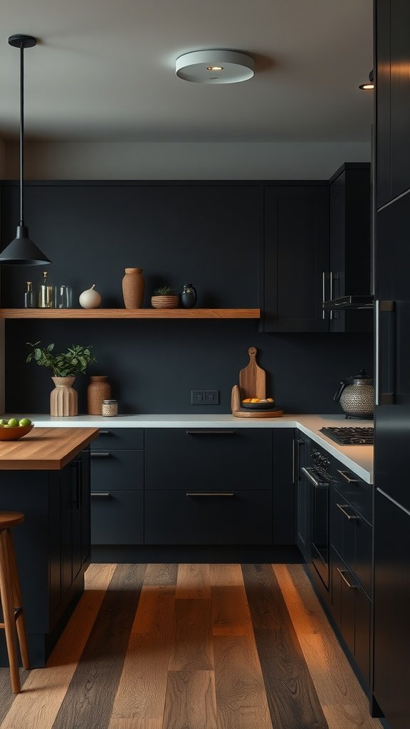 A modern kitchen featuring deep charcoal cabinets and warm wood accents.