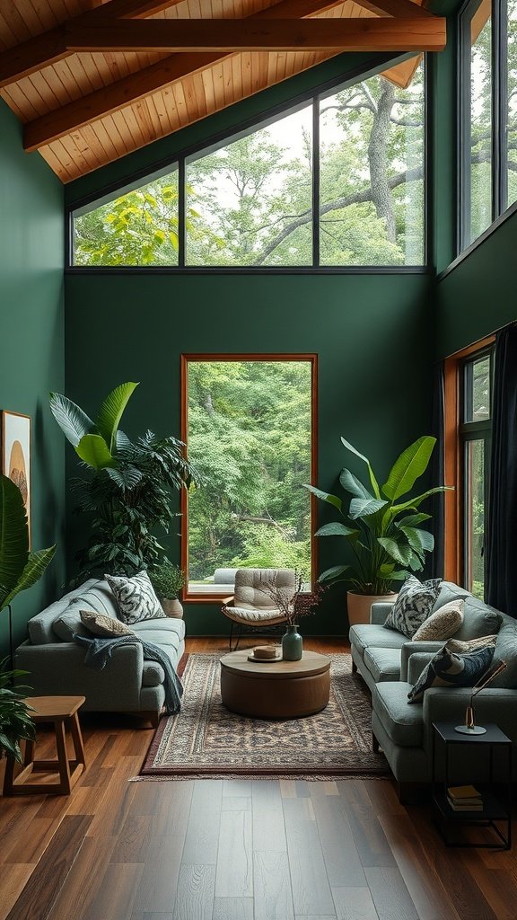 A deep forest-themed living room with green walls, large windows, and cozy furniture.