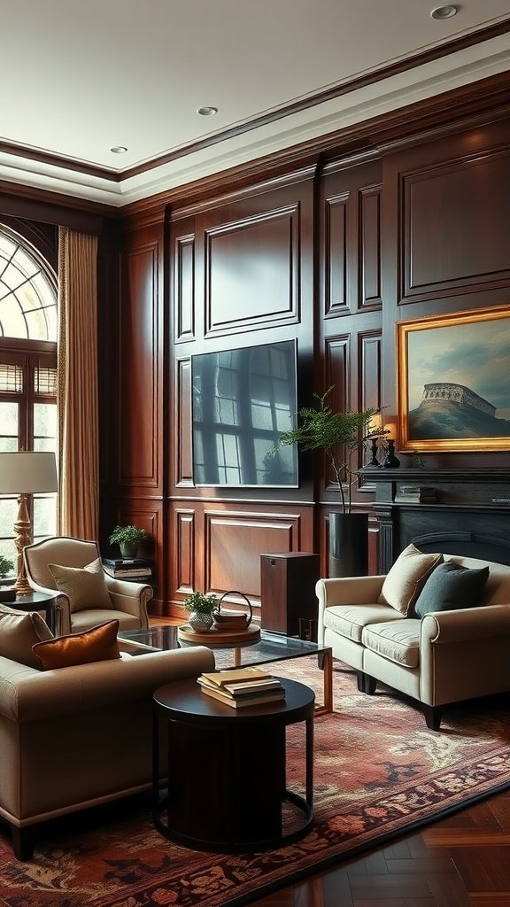A modern living room featuring deep mahogany walls and rich furniture.