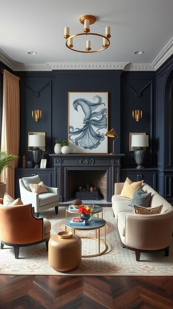 A living room showcasing deep navy blue walls with elegant furnishings and decor.