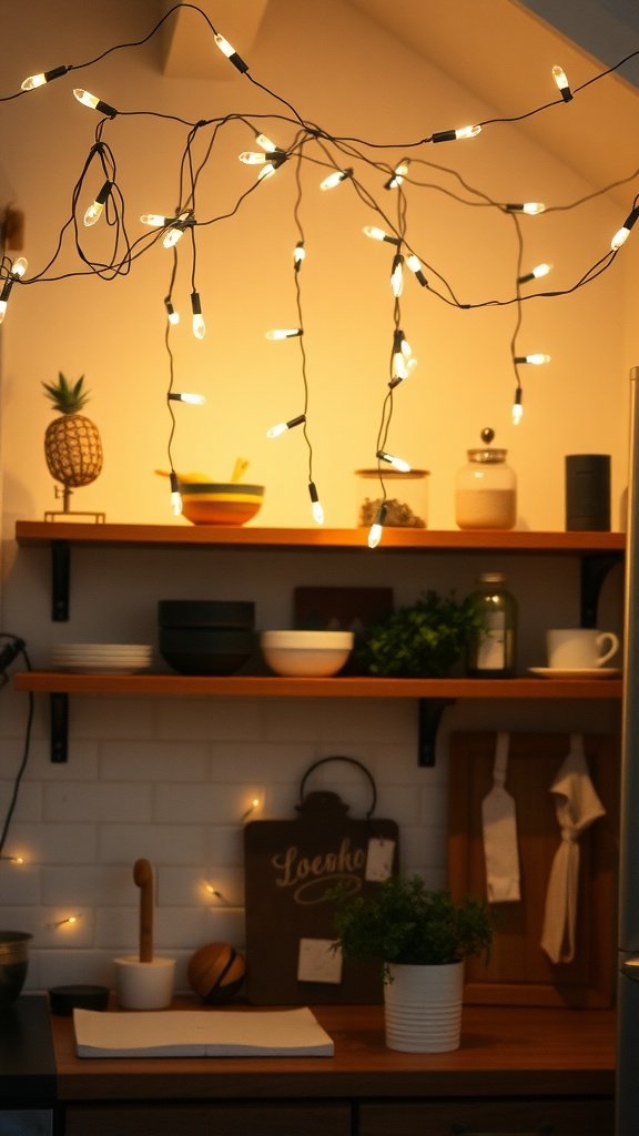 Cozy kitchen with string lights overhead and rustic decor