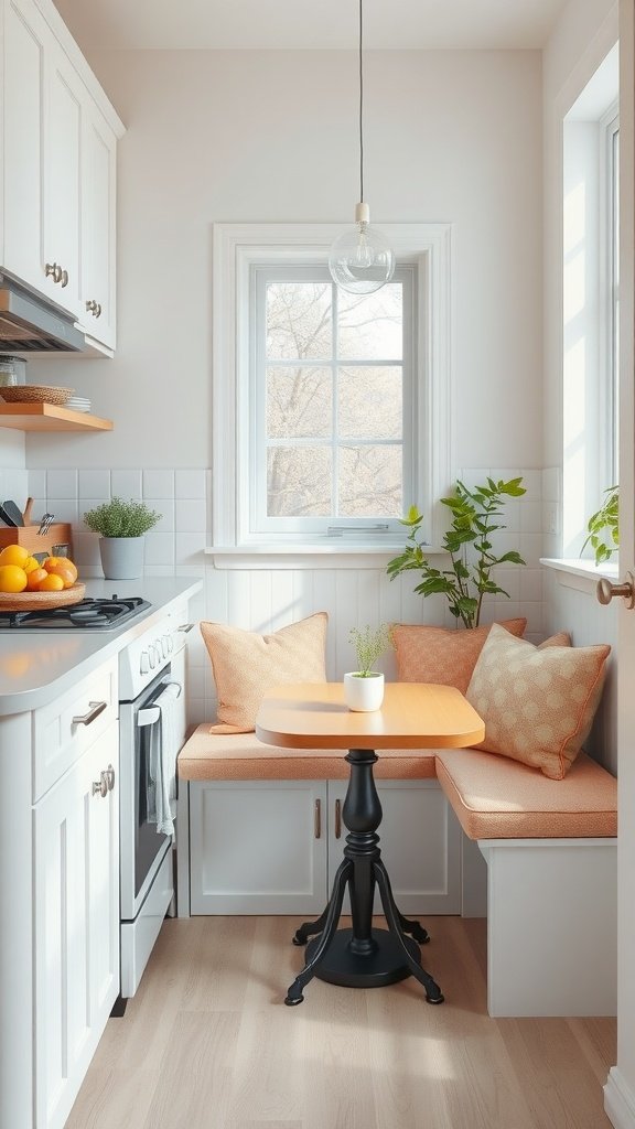 A small kitchen with a cozy breakfast nook featuring a corner bench and a small table.