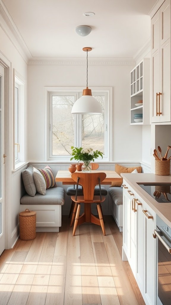A cozy breakfast nook with a wooden table, comfortable seating, and a view out the window.