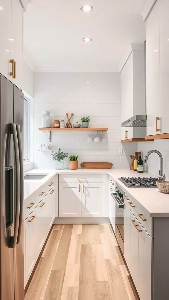 Modern galley kitchen with white cabinets and wooden accents.