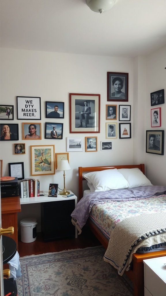 Cozy small bedroom with a gallery wall of framed photos and artwork.