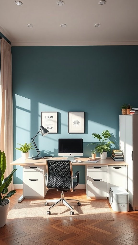 Cozy home office with a desk, computer, and plants on a blue wall.