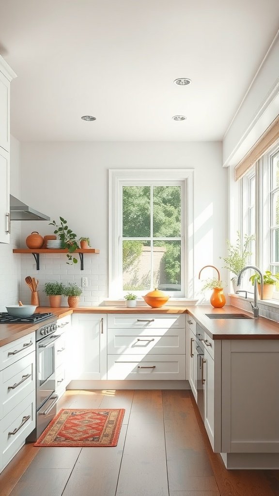 A bright kitchen with large windows, white cabinets, and wood accents, filled with plants.