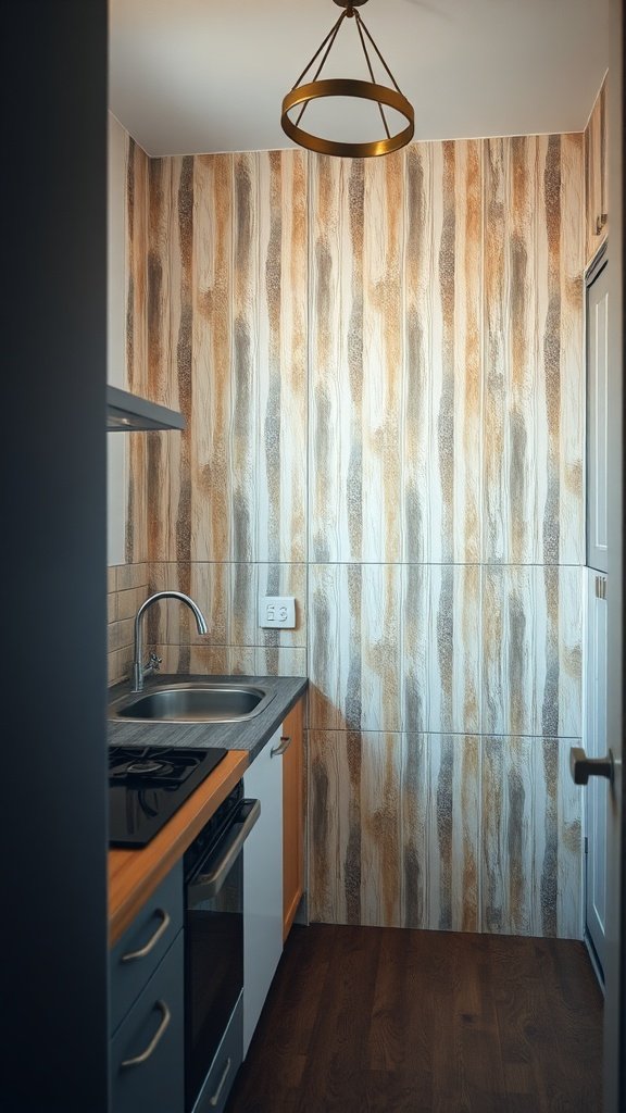 A small kitchen with vertical striped wallpaper and a modern layout.