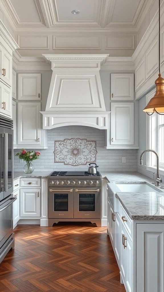 A modern kitchen featuring white cabinetry, a traditional range hood, and warm wood flooring.