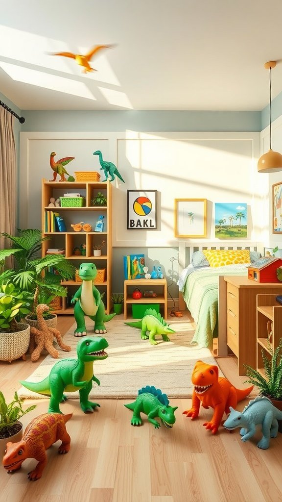 A colorful dinosaur-themed bedroom featuring various toy dinosaurs, plants, and playful decor.