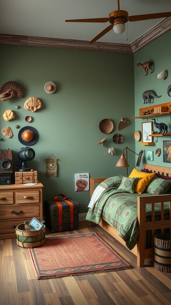 A cozy dinosaur-themed bedroom with green walls and dinosaur decor, featuring a wooden bed and wooden furniture.