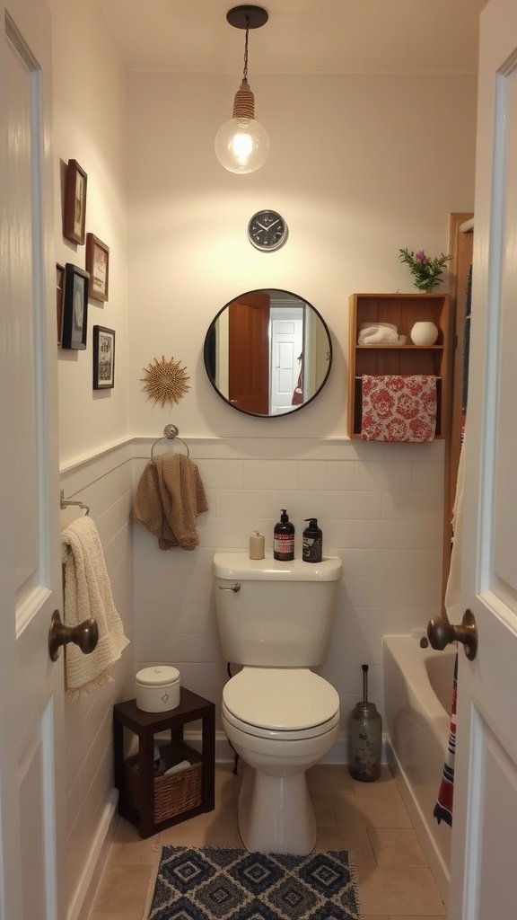 A cozy small bathroom featuring a pedestal sink and farmhouse decor.
