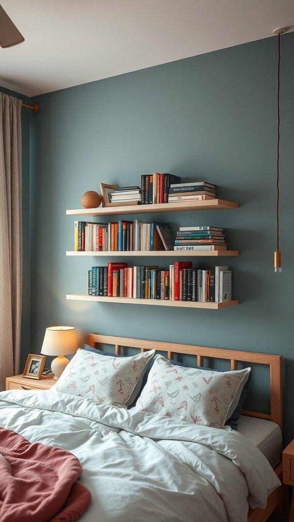 A cozy bedroom featuring DIY floating bookshelves filled with books against a blue wall.