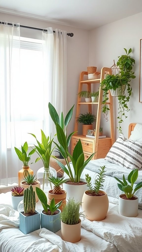 A cozy bedroom filled with various plants in stylish pots, creating a lively atmosphere.