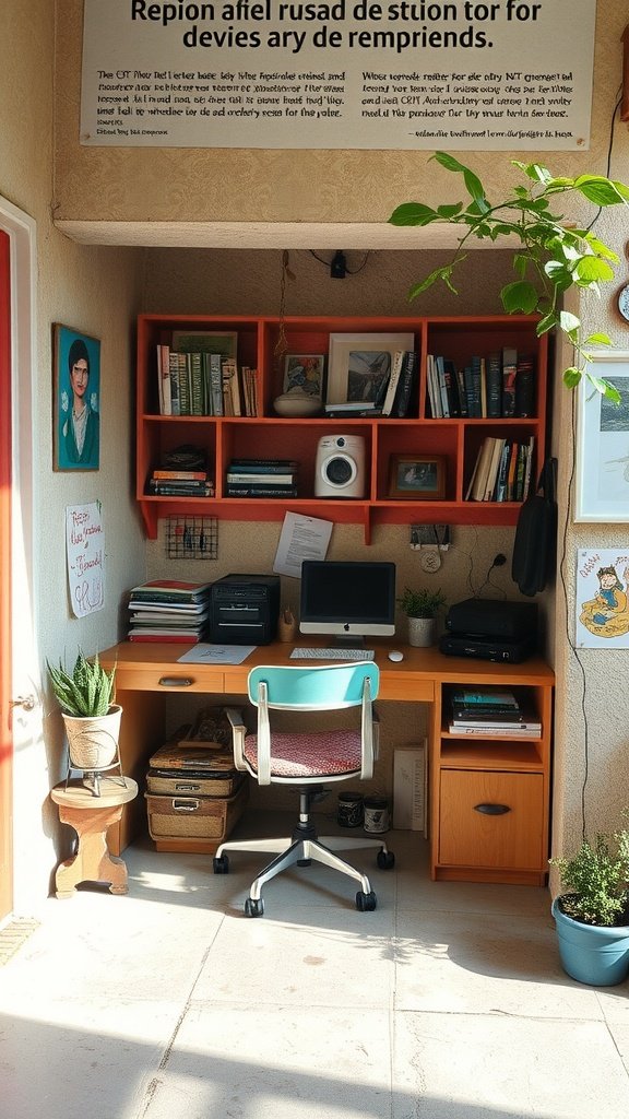 A cozy DIY study nook with a desk, chair, and shelves filled with books.