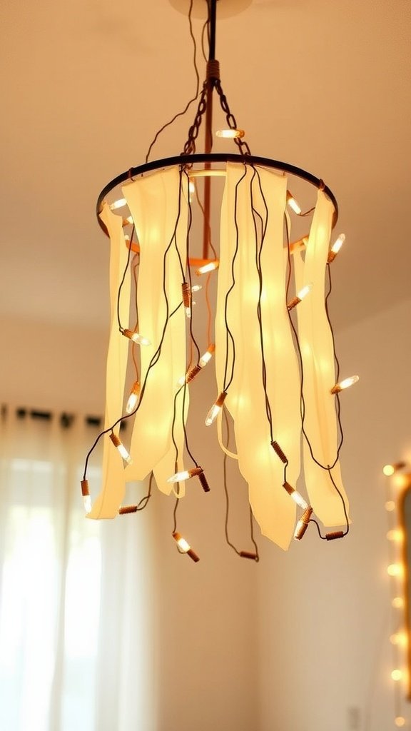 A DIY chandelier made with string lights and a lampshade frame.
