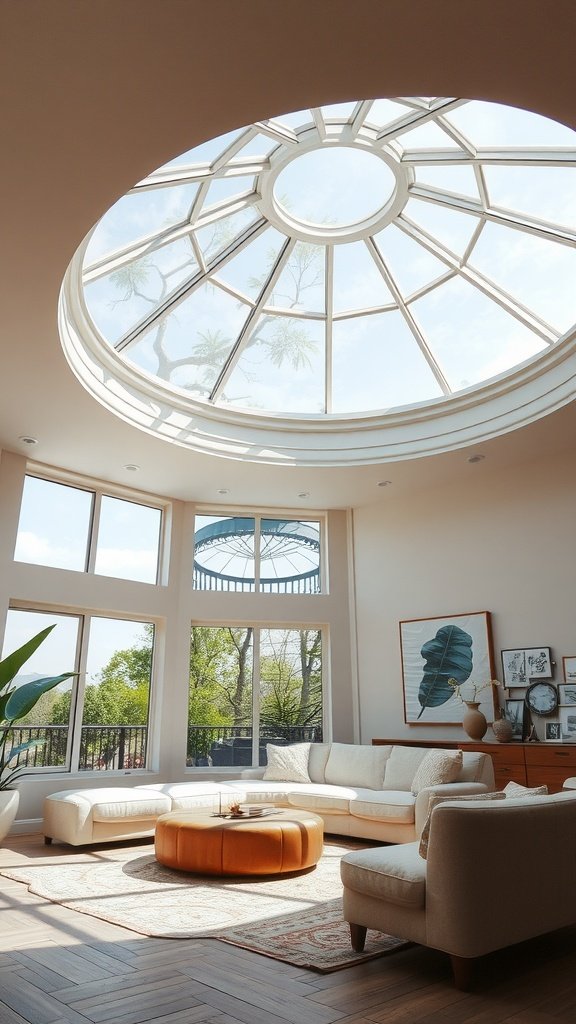 A spacious living room with a large dome skylight, providing ample natural light.