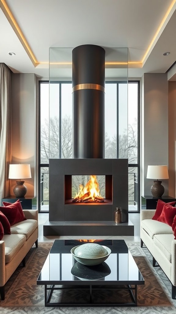 A modern double-sided glass fireplace in a stylish living area.