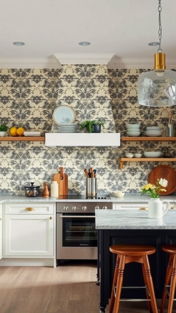 A modern kitchen featuring a dramatic accent wall with vintage-inspired wallpaper, showcasing a mix of contemporary and classic design.