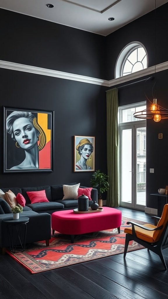 A stylish living room featuring dramatic black walls with colorful art and furniture.