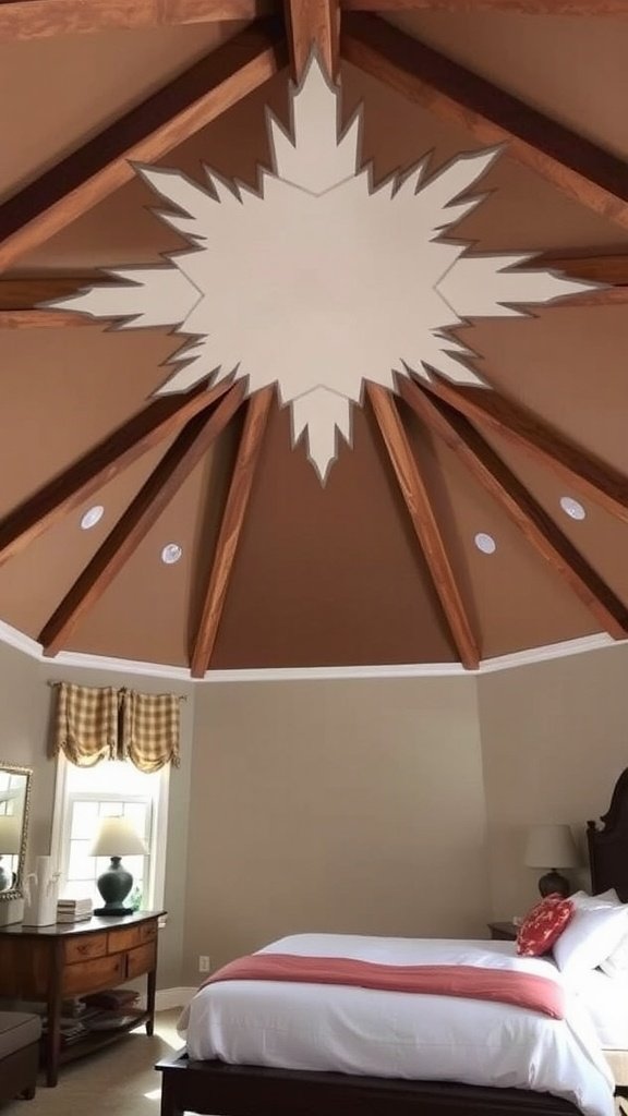 A bedroom with wooden beams and a decorative ceiling design.