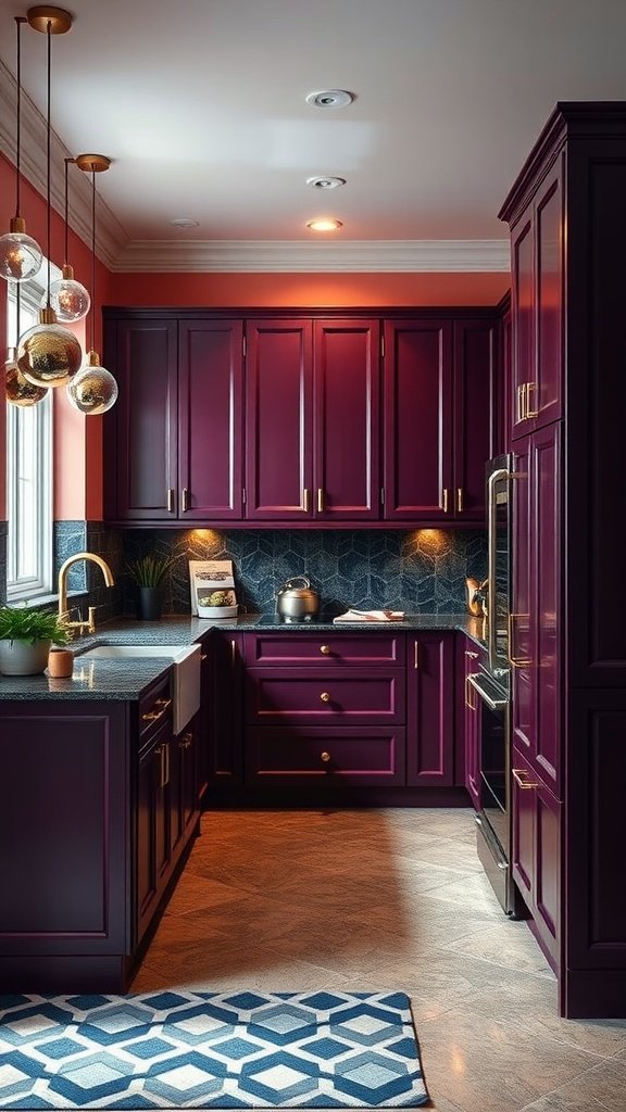 A kitchen featuring dramatic plum cabinets with gold accents and dark countertops.