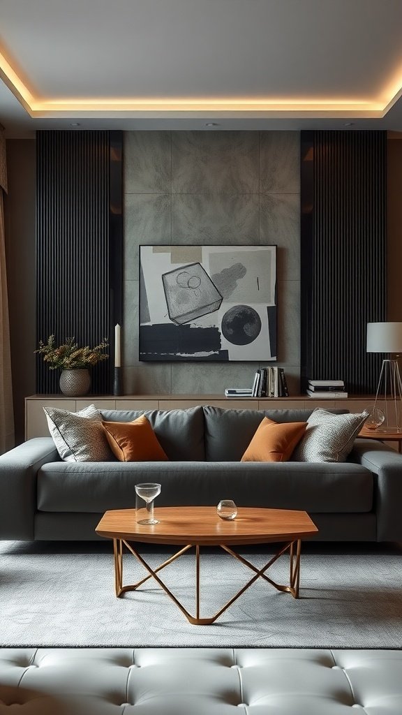 A classy living room featuring a 24 statement sofa with decorative pillows and a stylish coffee table.