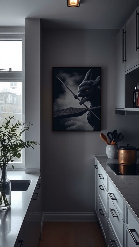 A moody kitchen featuring dramatic wall art with dark hues.